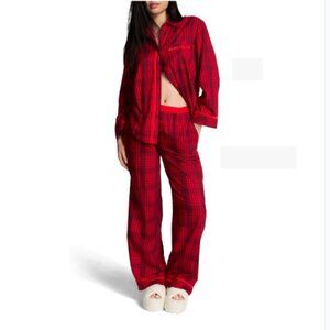PINK Victoria's Secret 2 Piece Pajama Set Pant Top Velevet Trim Red XXL NWT